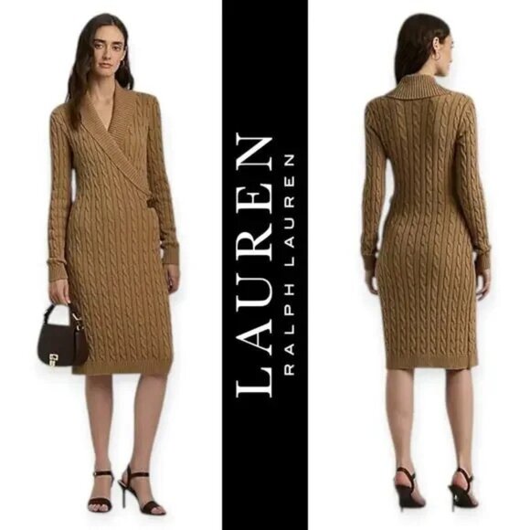LAUREN Ralph Lauren | NWT | L | Cable-Knit Buckle-Trim Sweater Dress in Camel - Picture 1 of 5